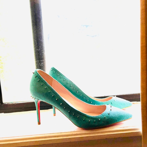 Red Bottom Suede Turquoise Spike Stilettos - Picture 4 of 15